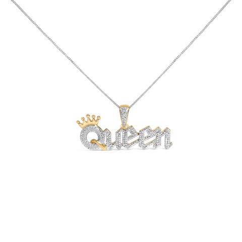 14K Yellow Gold Plated Sterling Silver 1/10 Cttw Diamond "Queen" Nameplate Pendant Necklace