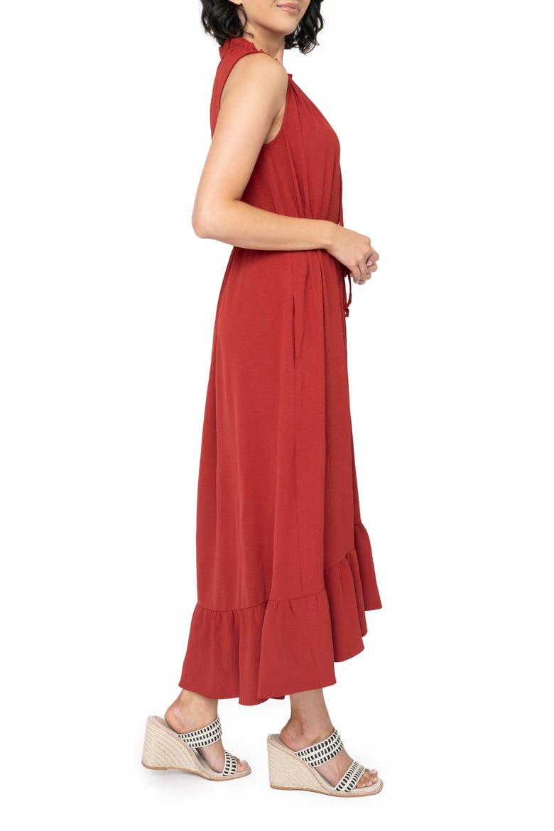 Sienna Split Neck Tie Waist Ruffle Hem High-Low Dress, Alternate, color, RUST