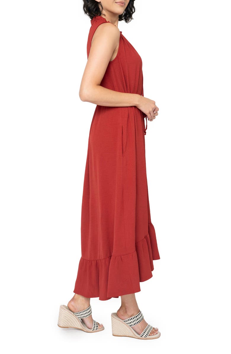 GIBSONLOOK Sienna Split Neck Tie Waist Ruffle Hem High-Low Dress, Alternate, color, Rust