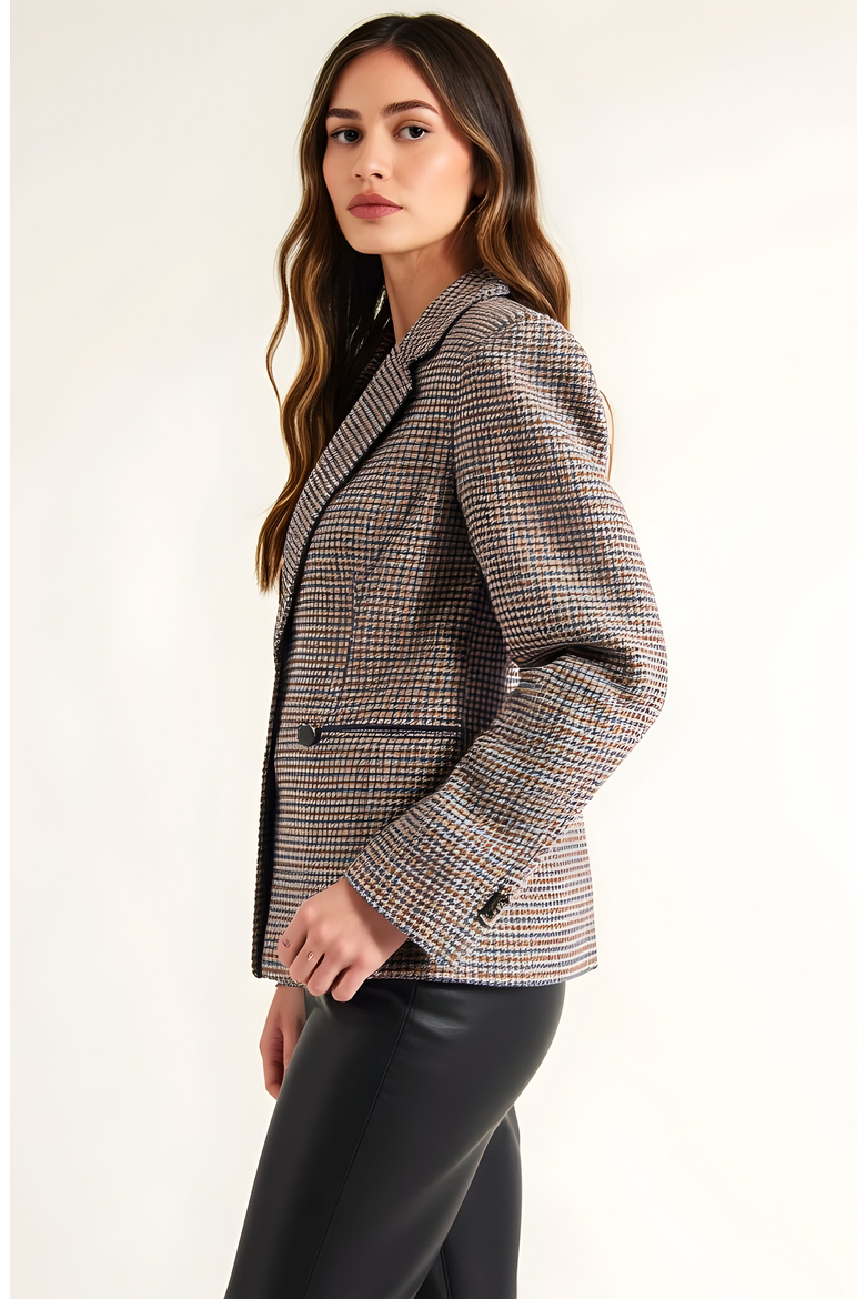 Houndstooth Blazer with Puff Shoulders, Notch Lapels and Single Button, Alternate, color, Brown/Beige Houndstooth