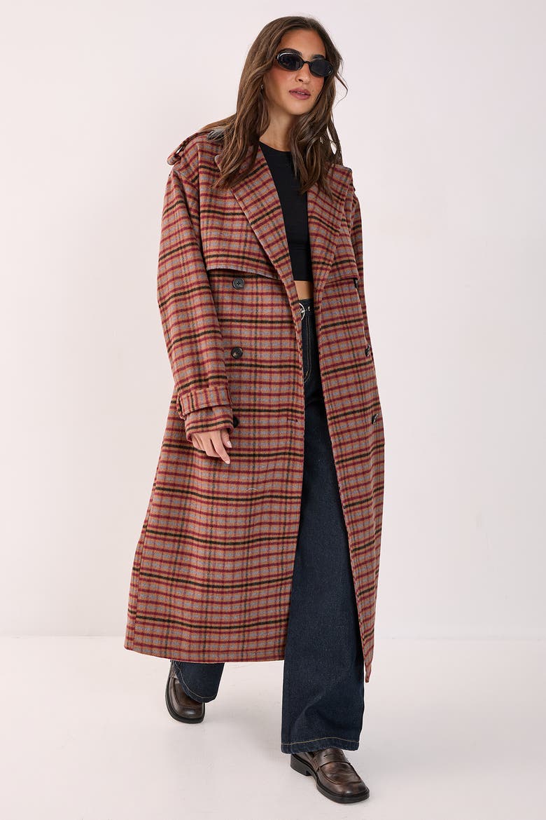 Check Vinyl Collar Trench Coat, Main, color, Brown