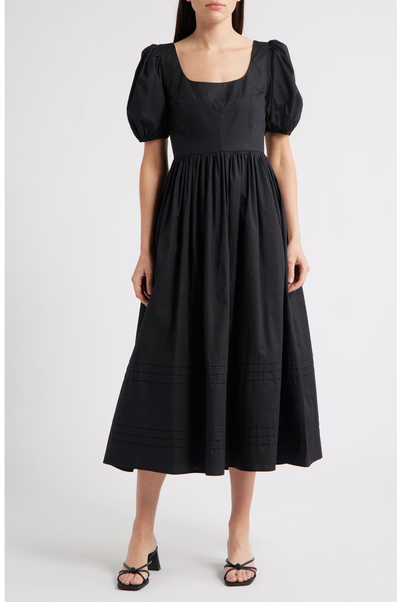 Puff Sleeve Cotton Midi Dress, Main, color, BLACK