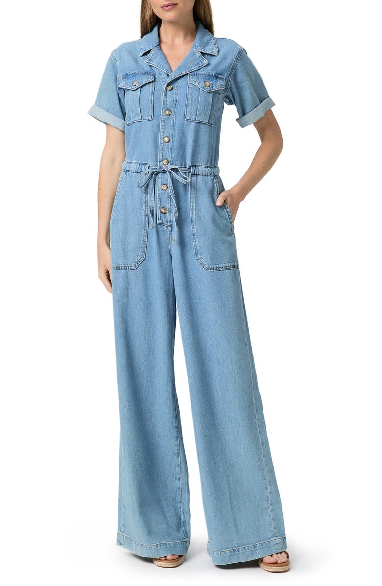 PAIGE Rumi Short Sleeve Denim Jumpsuit, Main, color, Serenity