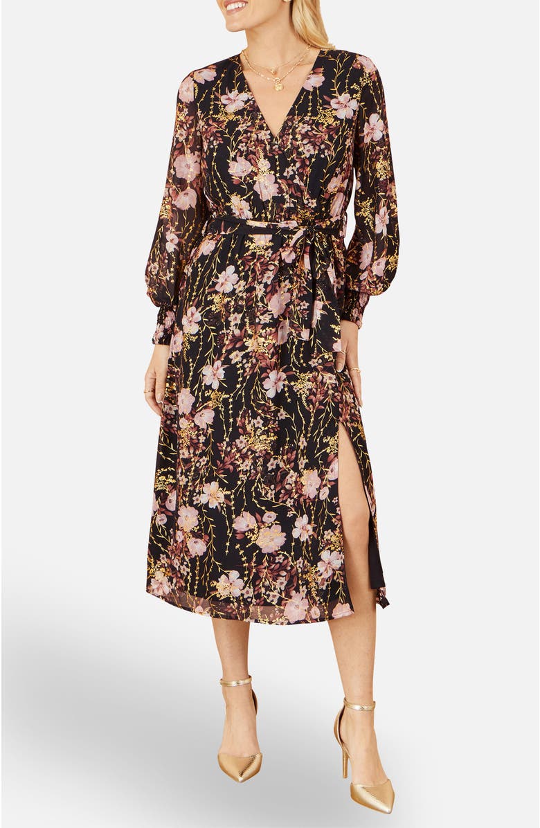 Yumi Foiled Floral Print Wrap Midi Dress, Alternate, color, Black