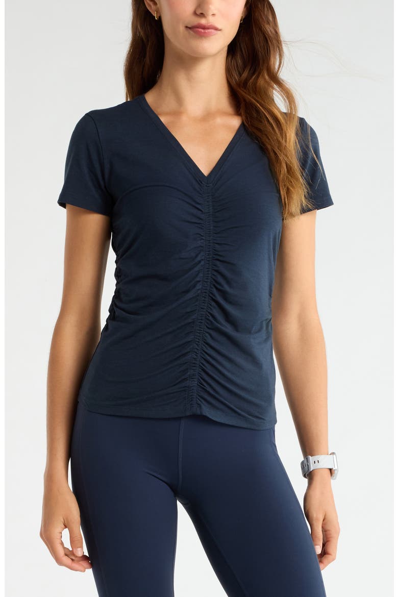 Ruched V-Neck T-Shirt, Main, color, NAVY SAPPHIRE