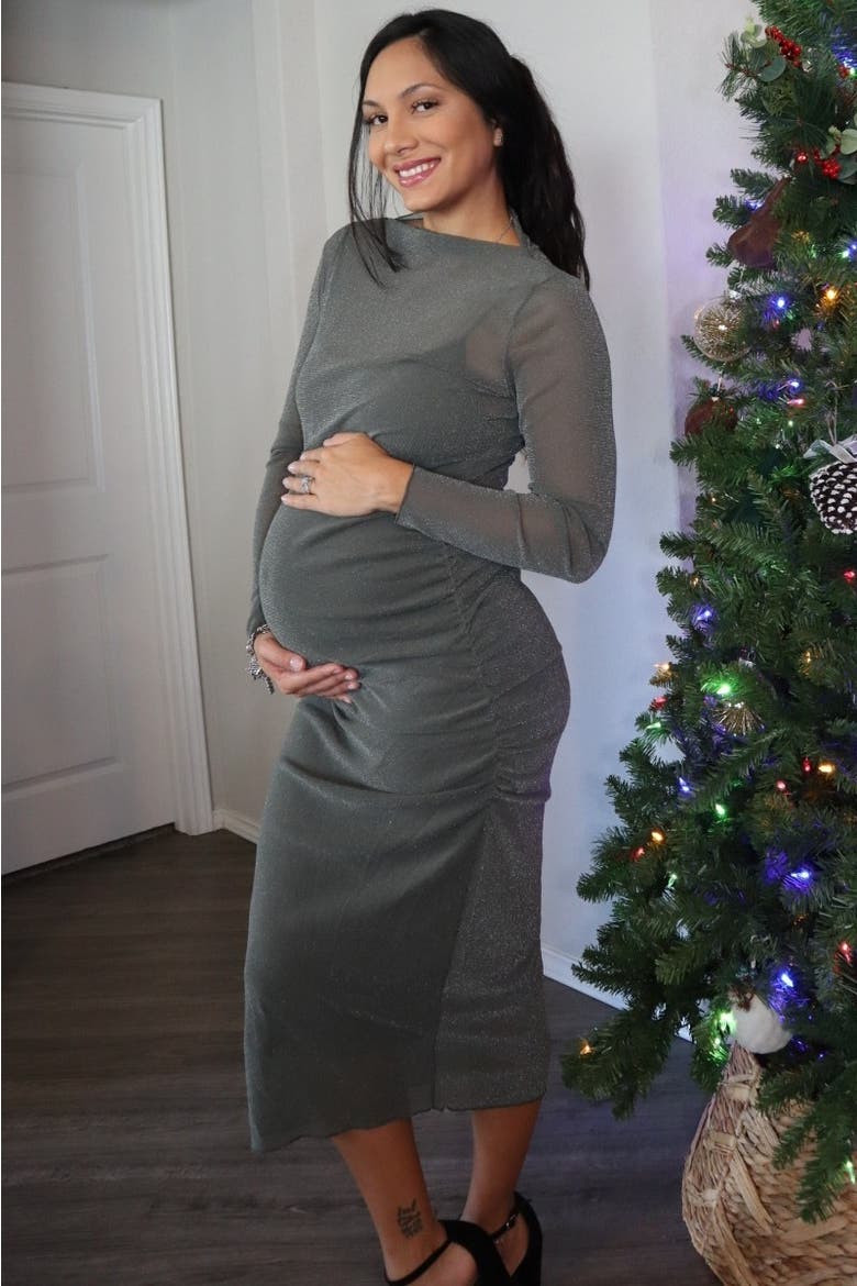 Shimmer Mesh Long Sleeve Ruched Midi Dress, Alternate, color, Olive Green