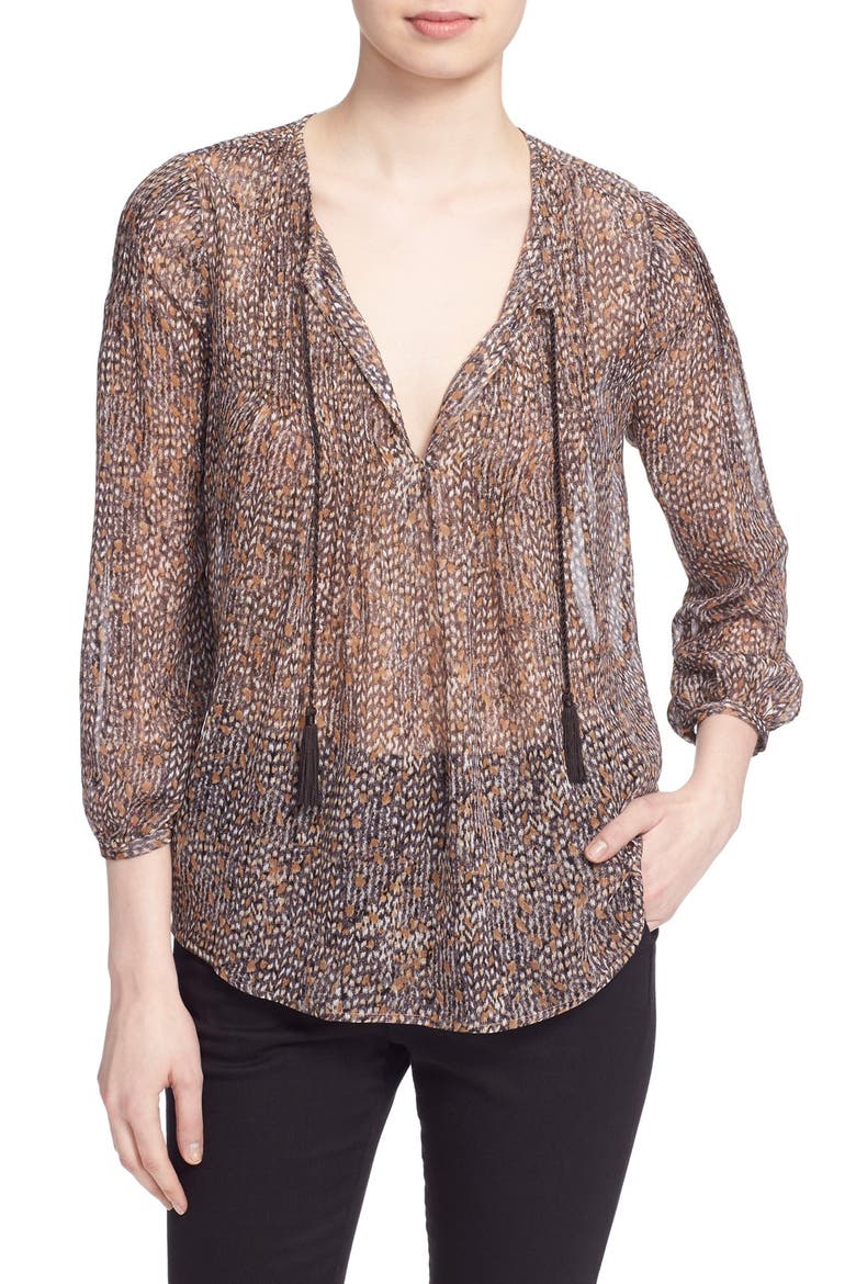 'Suzetta' Split Neck Print Silk Blouse, Main, color, CAVIAR