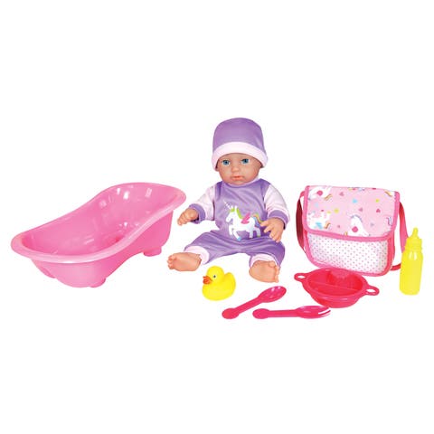 11 Inch Bath Baby Doll Set, Pink Purple Unicorn Outfit & Hat, Accessories
