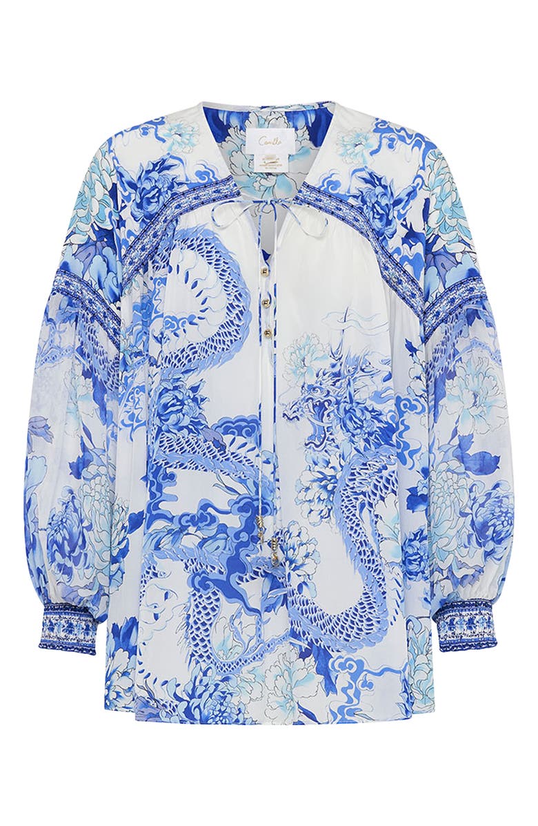 Camilla Heart of a Dragon Print Button-Up Silk Blouse, Main, color, 
