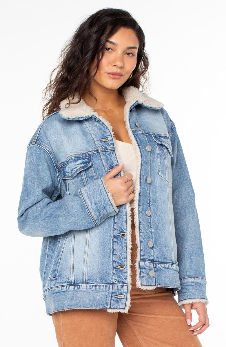 Roxy So Amped Faux Fur Lined Denim Jacket, Alternate, color, Surf Fin