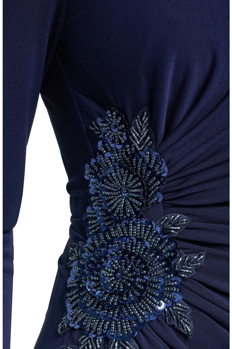 Beaded Detail Side Ruched Long Sleeve Gown, Alternate, color, NAVY