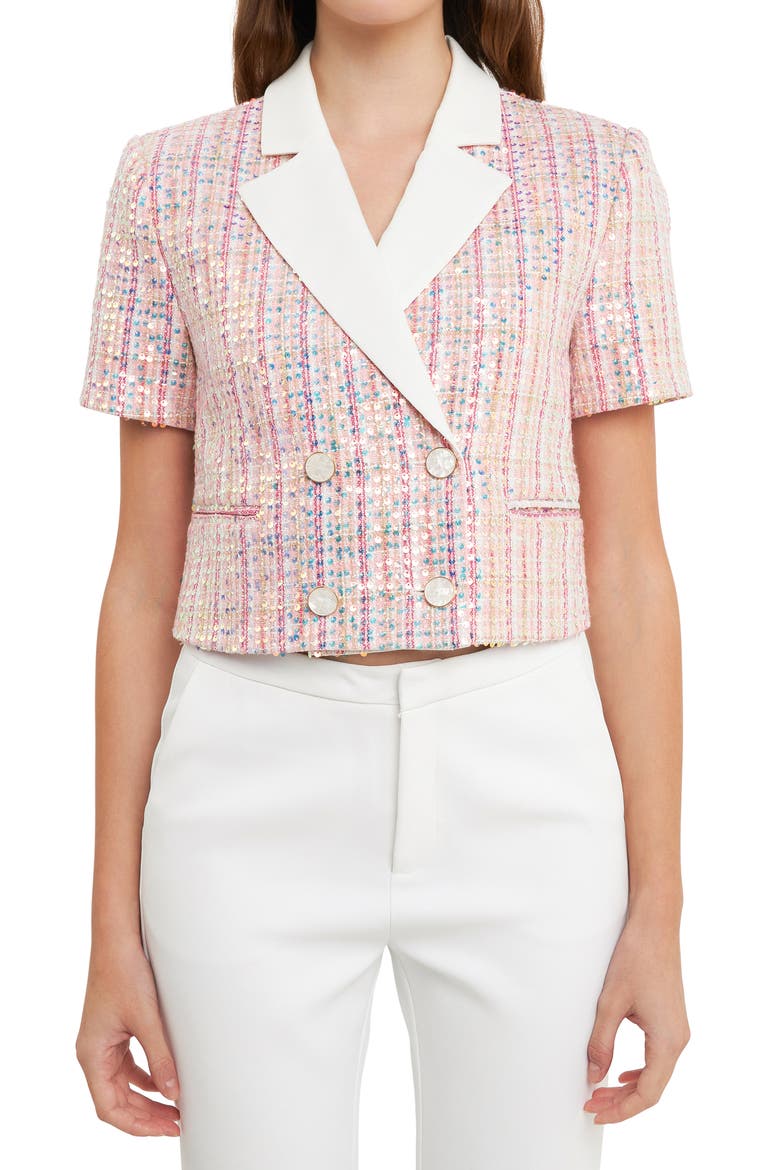 Sequin Crop Tweed Jacket, Main, color, PINK