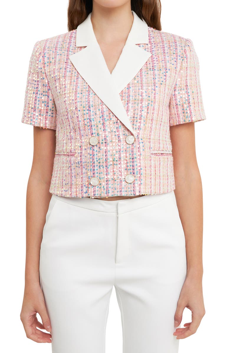 Endless Rose Sequin Crop Tweed Jacket, Main, color, Pink