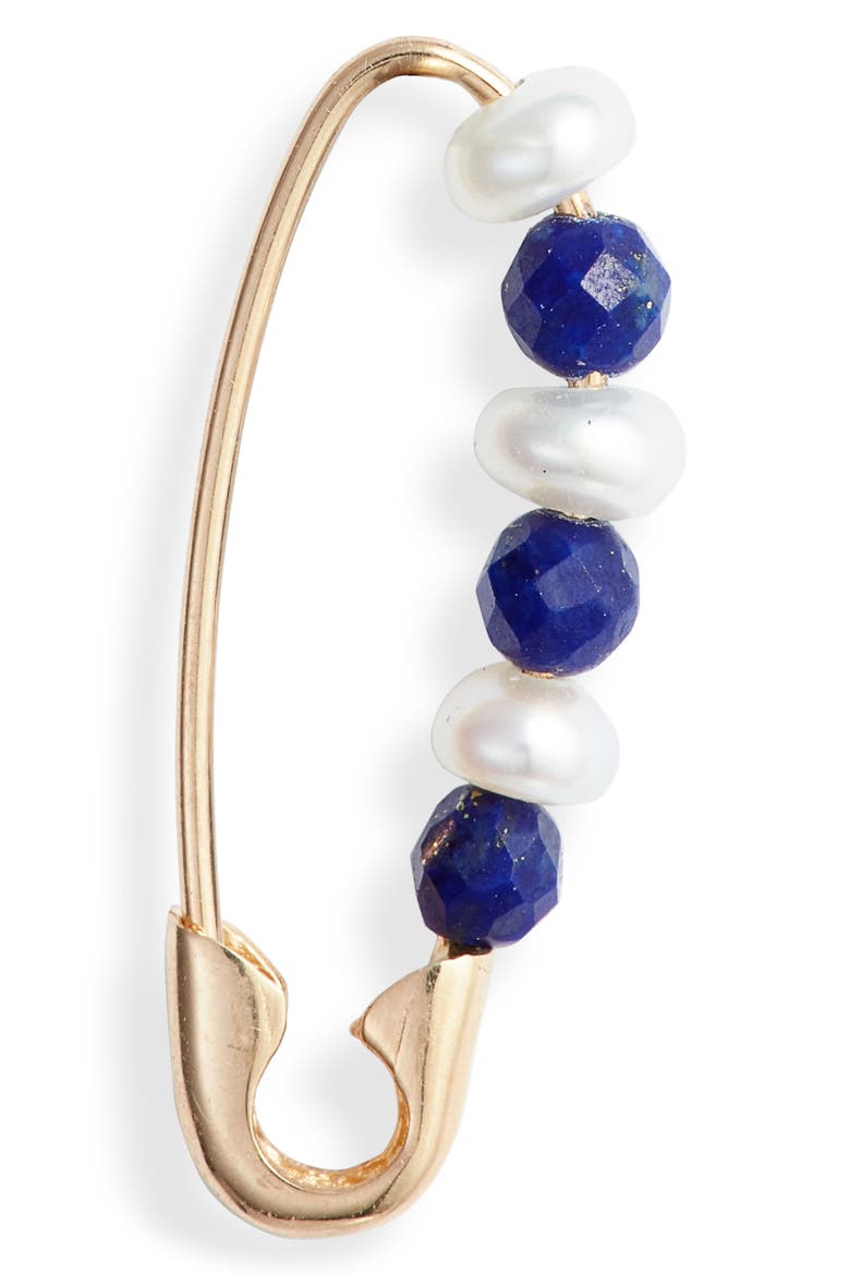 Friendship Safety Pin Earring, Alternate, color, LAPIS/ PEARL/ YELLOW GOLD