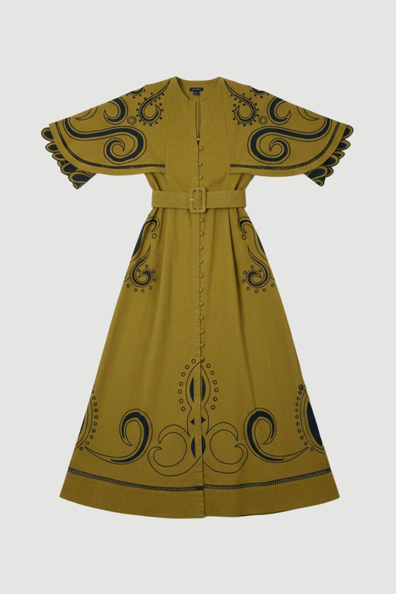 Baroque Cape Sleeve Midi Dress, Alternate, color, Khaki