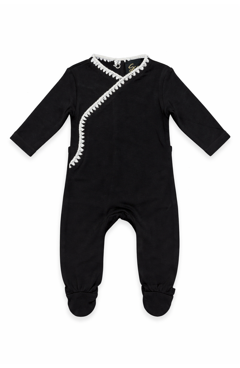 Seal Rick Rack Wrap Front Long Sleeve Romper, Main, color, Black/White
