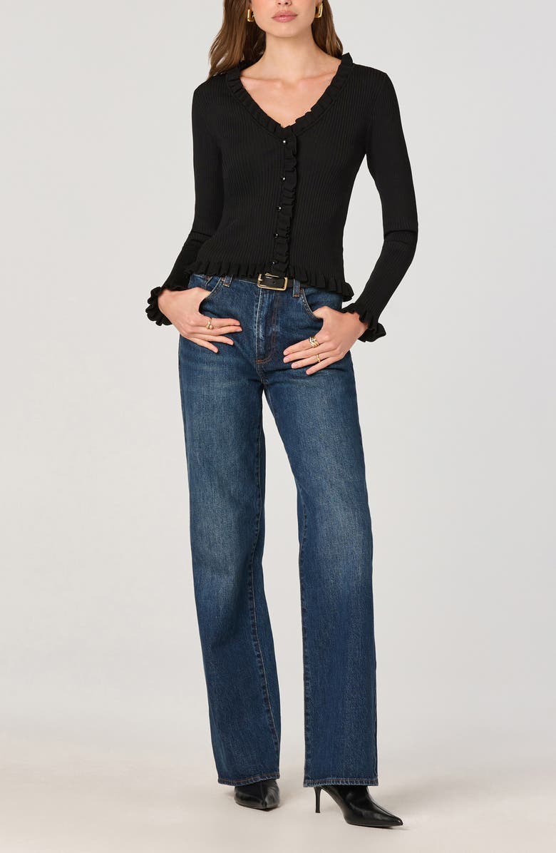 ASTR the Label Ruffle Hem Button-Up Cardigan, Alternate, color, Black