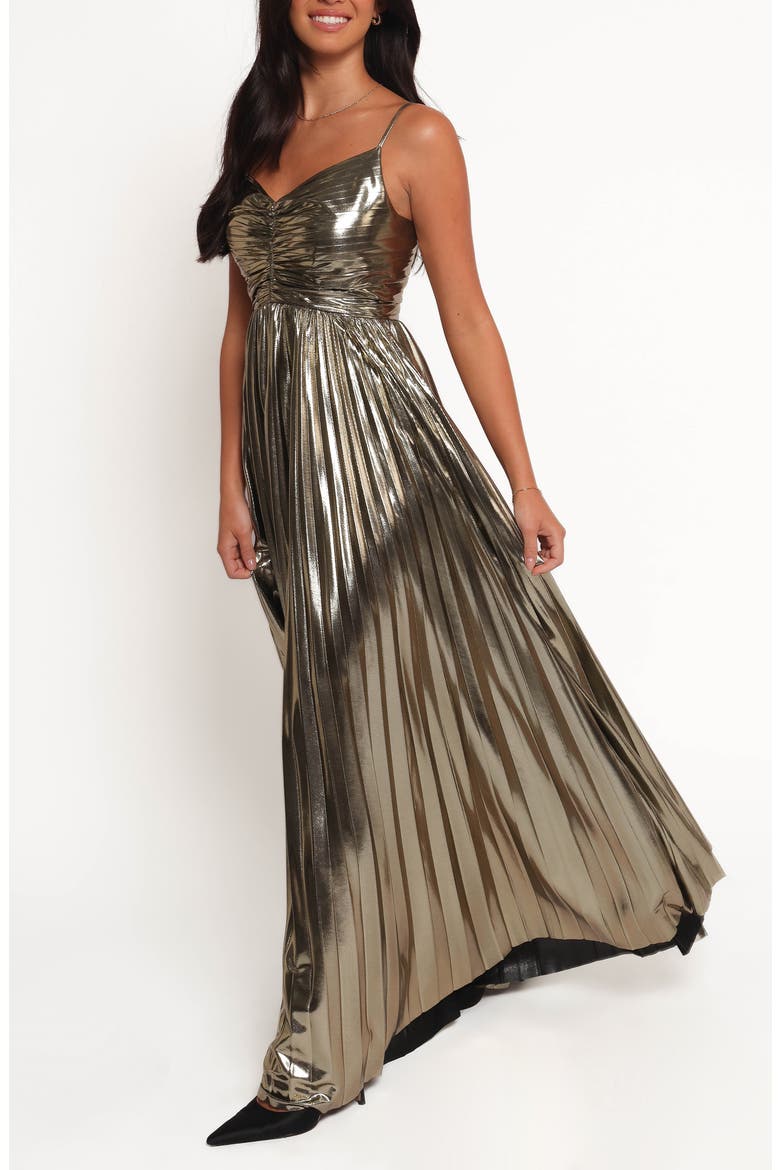 Naira Pleated Maxi Dress, Alternate, color, GOLD