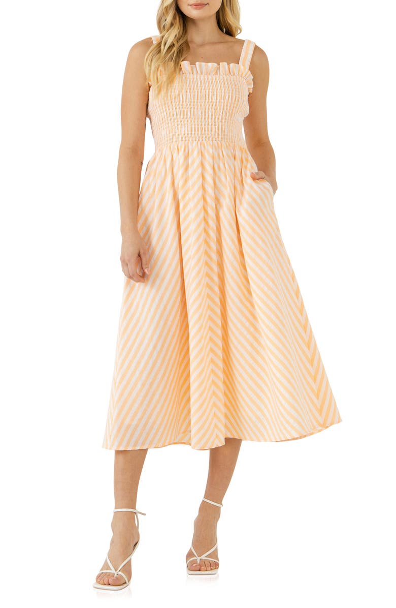 English Factory Stripe Smocked Midi Sundress, Main, color, White/ Coral