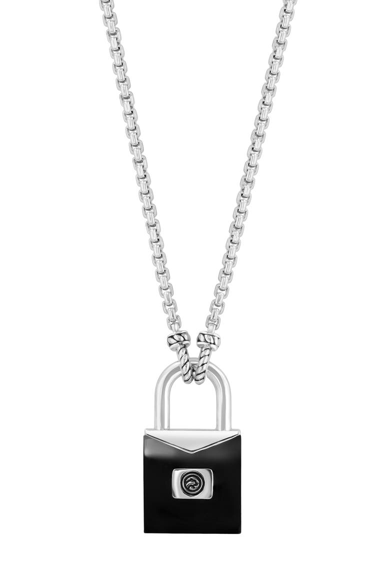 Men's Sterling Silver Onyx Lock Pendant Necklace, Main, color, BLACK