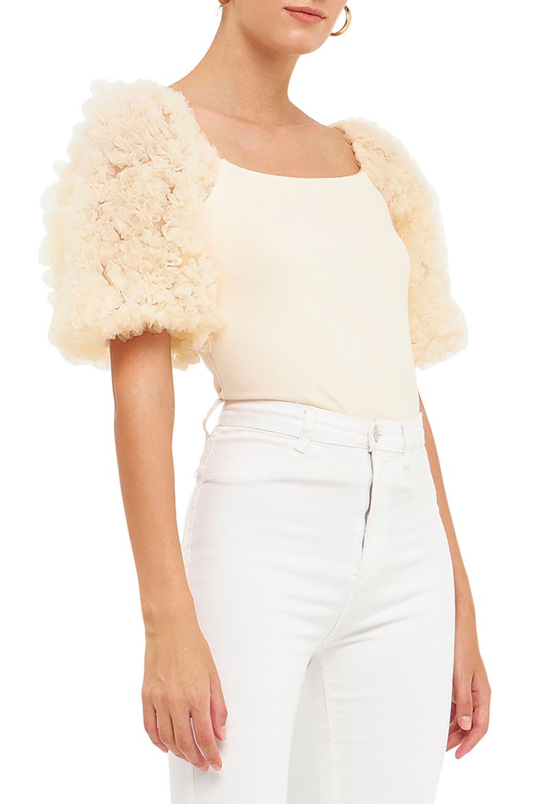 Tulle Puff Sleeve Blouse, Alternate, color, IVORY