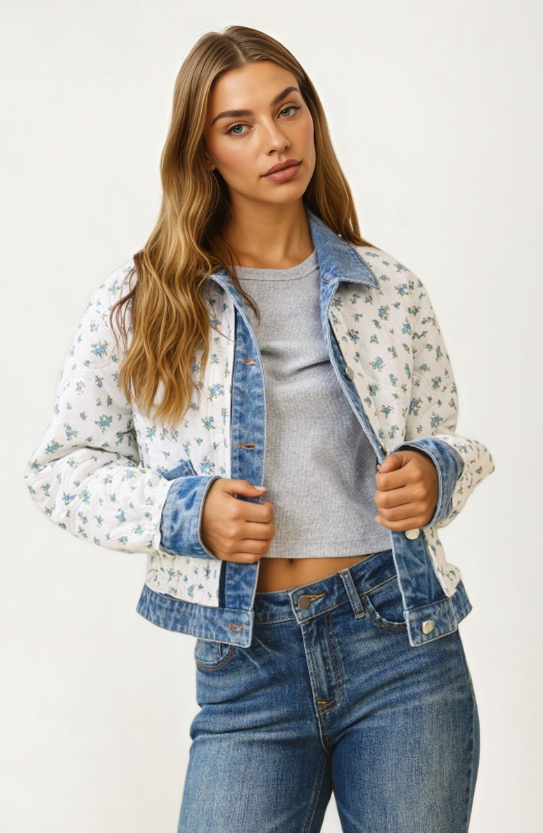 Knit and Lounge Quilted Floral Button-Front Denim-Trim Jacket, Alternate, color, 