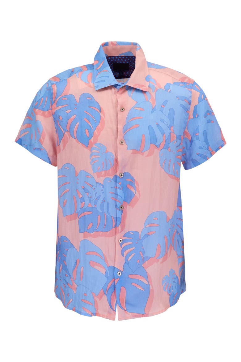 Monstera Floral Mens Linen Button-up Shirt, Alternate, color, MONSTERA FLORAL CORAL