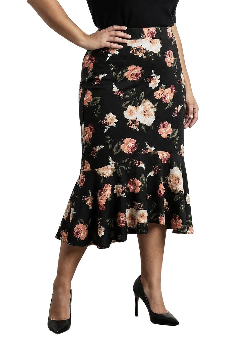 Floral Print Midi Skirt, Alternate, color, BLACK FLORAL