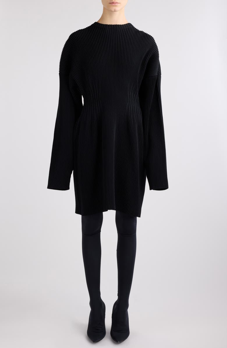 Balenciaga Hourglass Long Sleeve Rib Sweater Dress, Main, color, Black