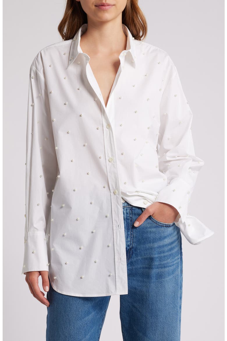 The Oversize Pearly Stud Organic Cotton Button-Up Shirt, Main, color, WHITE