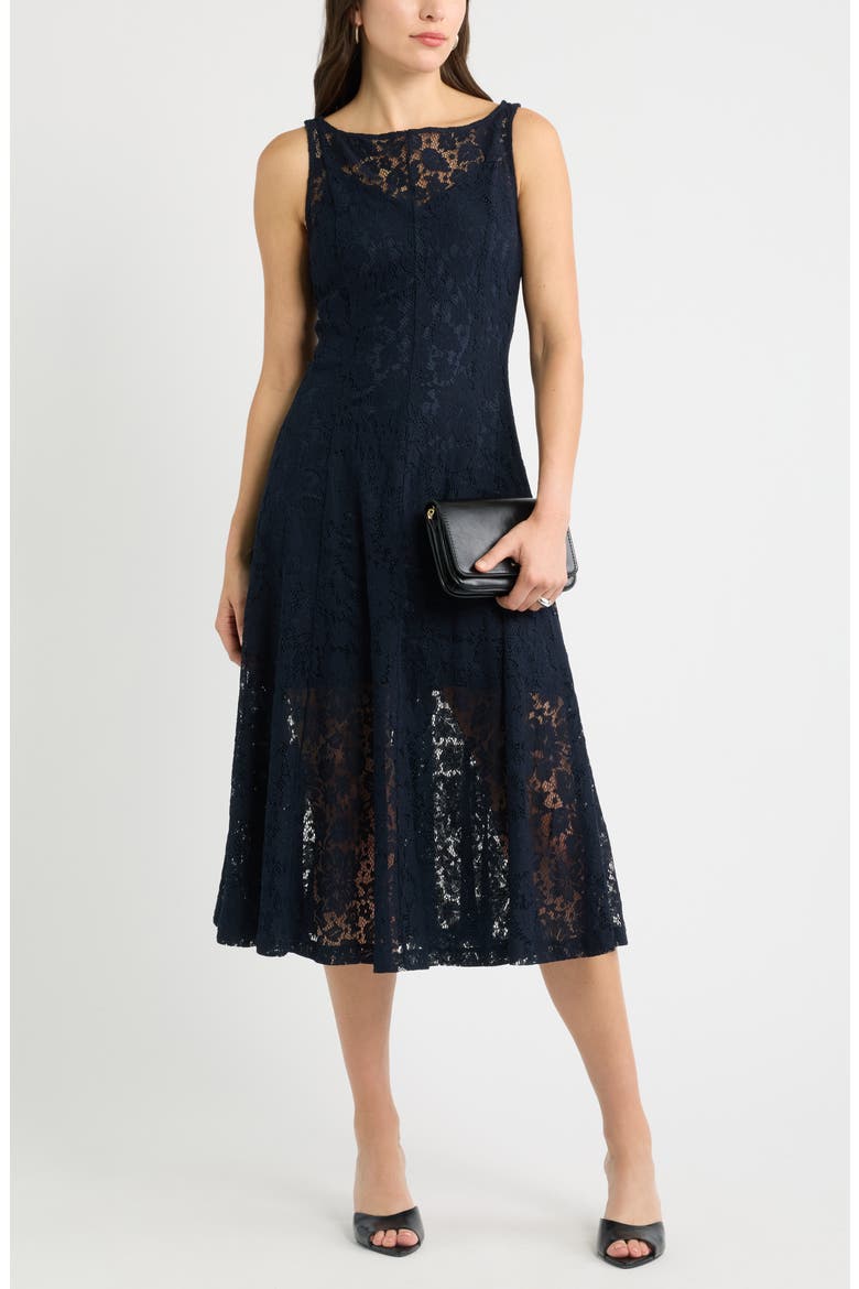 Sleeveless Fit & Flare Lace Midi Dress, Alternate, color, NAVY NIGHT