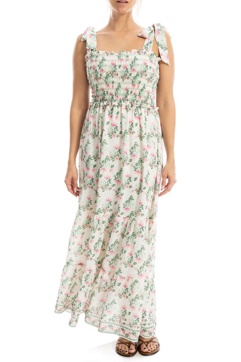 Print Tie Strap Maxi Dress, Alternate, color, ECRU/ PINK MED SUMMER BLOOMS