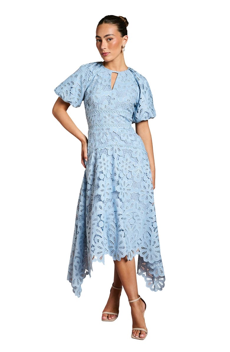 Coast Lace Hanky Hem Puff Sleeve Dress, Main, color, Light Blue