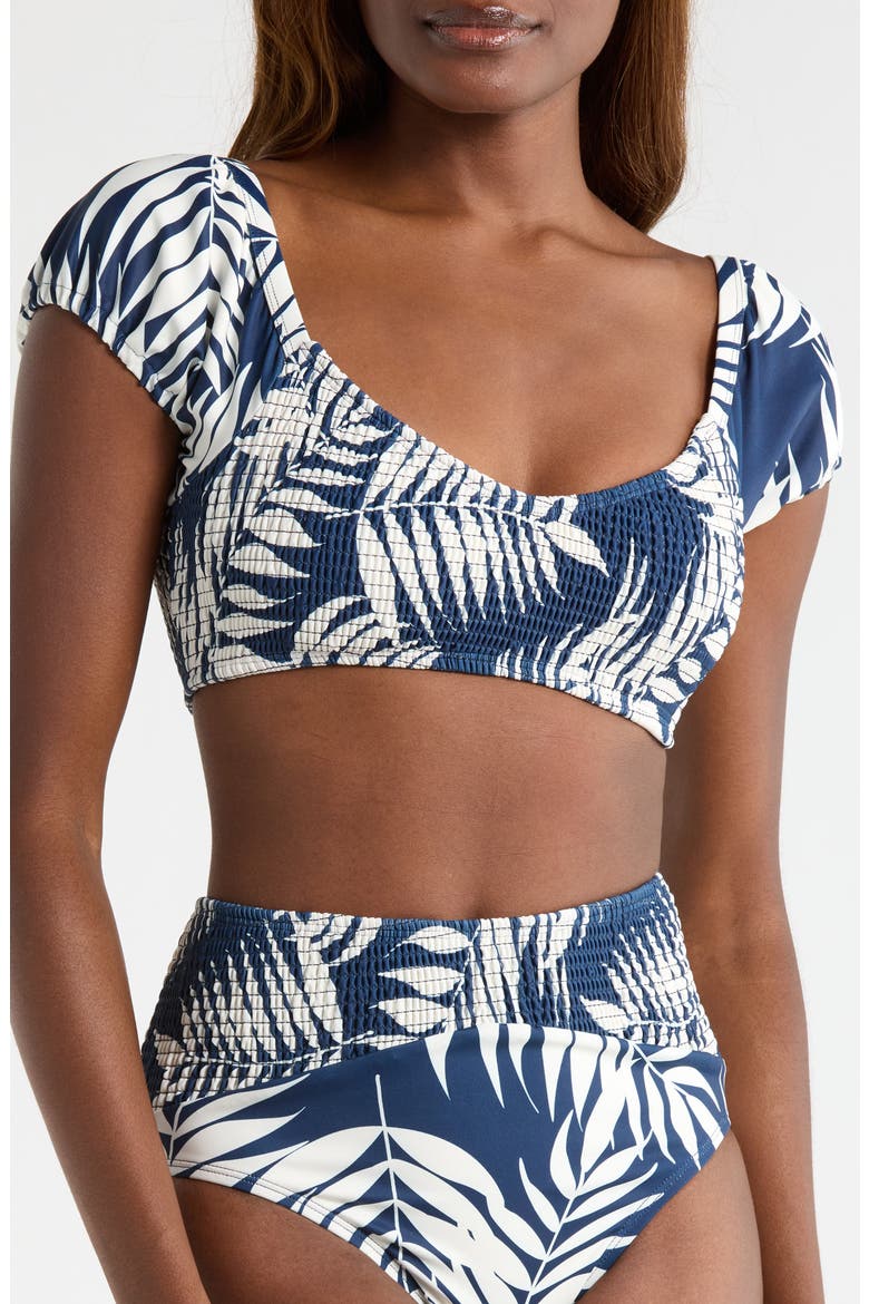 Smocked Puff Sleeve Bikini Top, Main, color, NAVY PARADISE FOLIAGE