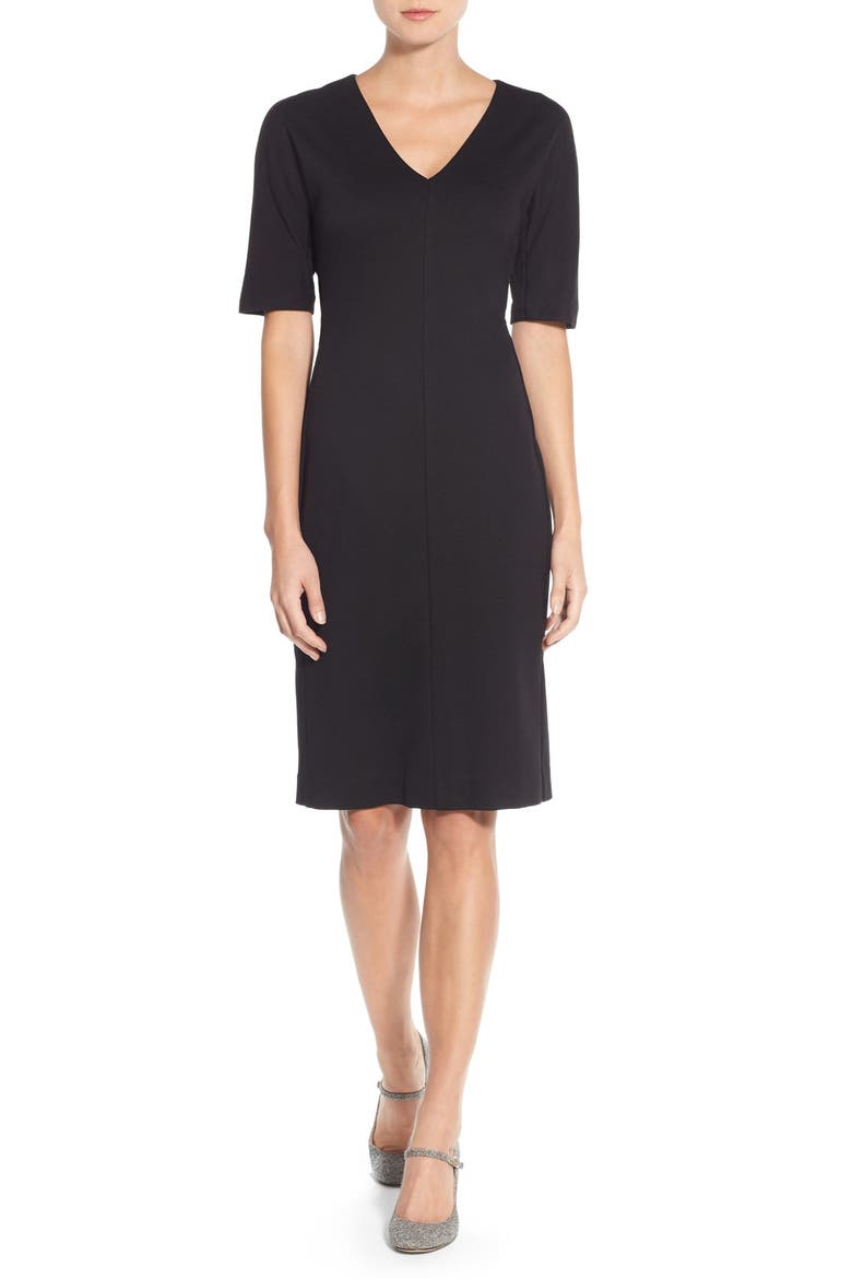 V-Neck Crepe Sheath Dress, Main, color, BLACK
