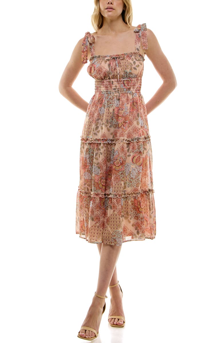 Row A Floral Smocked Tie Strap Midi Dress, Alternate, color, 