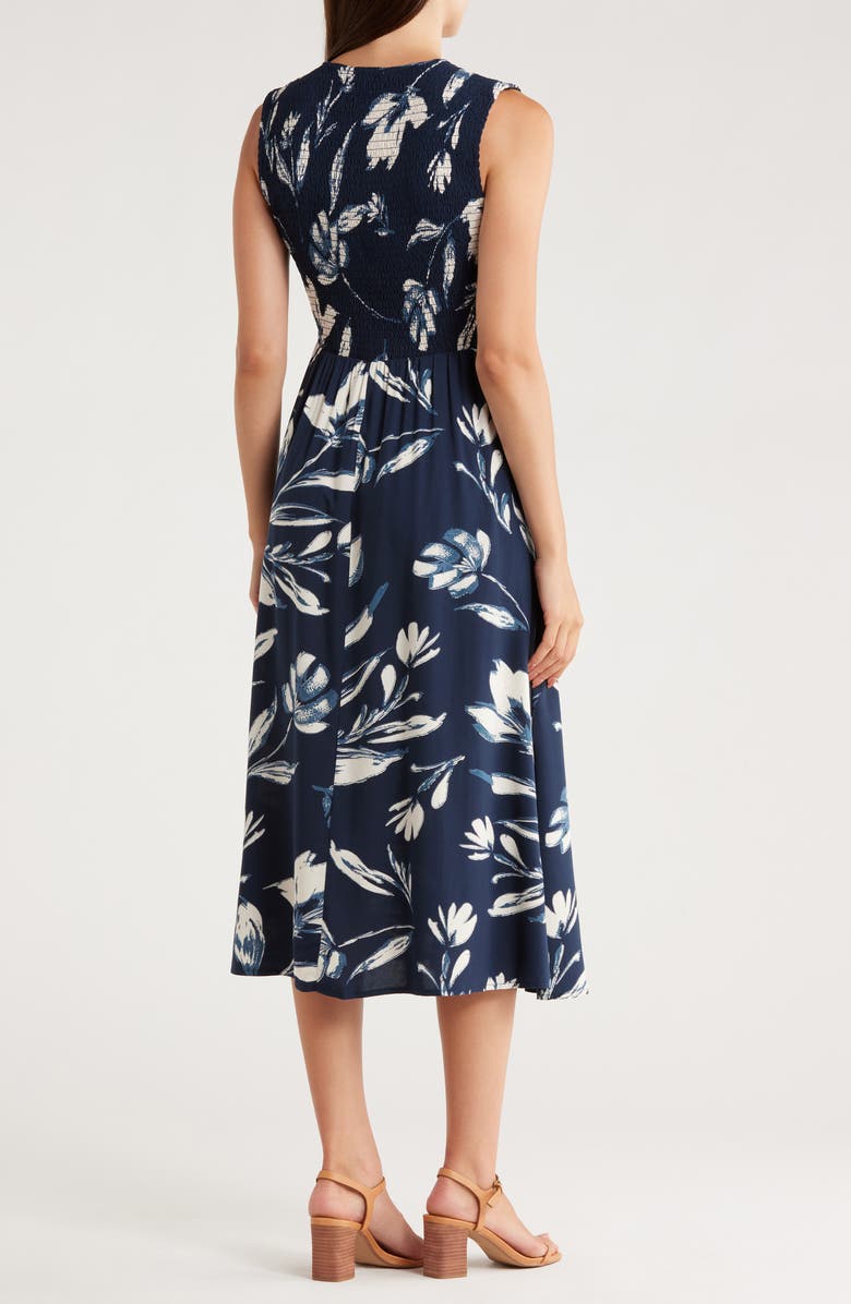 Calvin Klein Floral Smocked Midi Dress, Alternate, color, Indigo Multi
