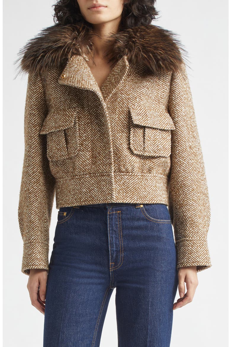 Valiant Crop Faux Fur Collar Herringbone Jacket, Main, color, CAMEL