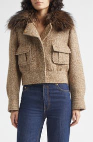 Zimmermann Valiant Crop Faux Fur Collar Herringbone Jacket