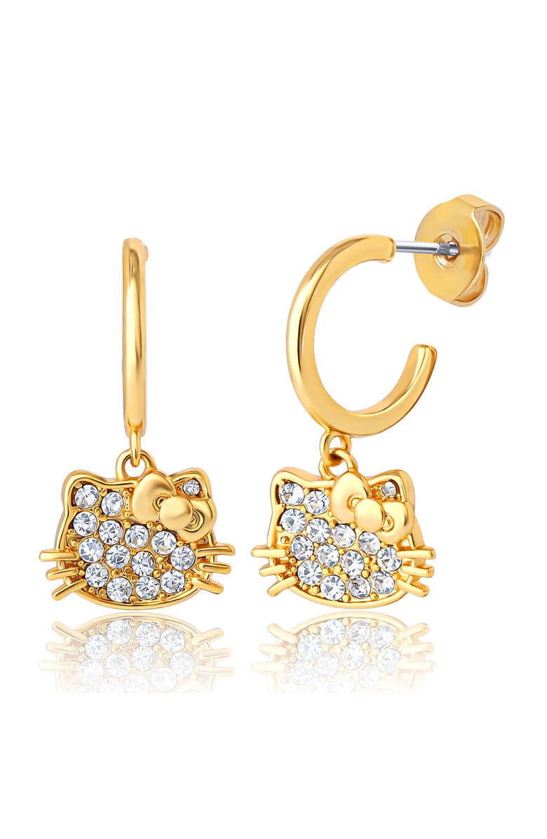 Hello Kitty Earring Set, 2-Pair, Gold-Tone Studs & Pavé Dangle Hoops, Alternate, color, Gold Tone