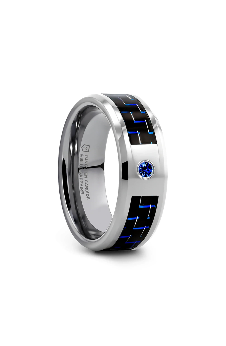 Larson Jewelers Neptune Tungsten Carbide Wedding Band, Main, color, Silver / Black / Blue