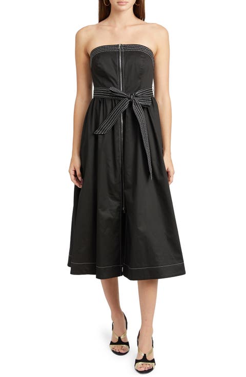 Rhea Topstitch Detail Strapless Cotton Midi Dress
