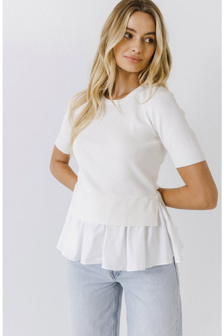 Mixed Media Peplum Top, Alternate, color, WHITE