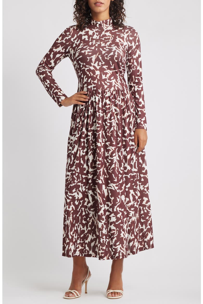 Printed Mock Neck Long Sleeve Maxi Dress, Main, color, RUM RAISIN