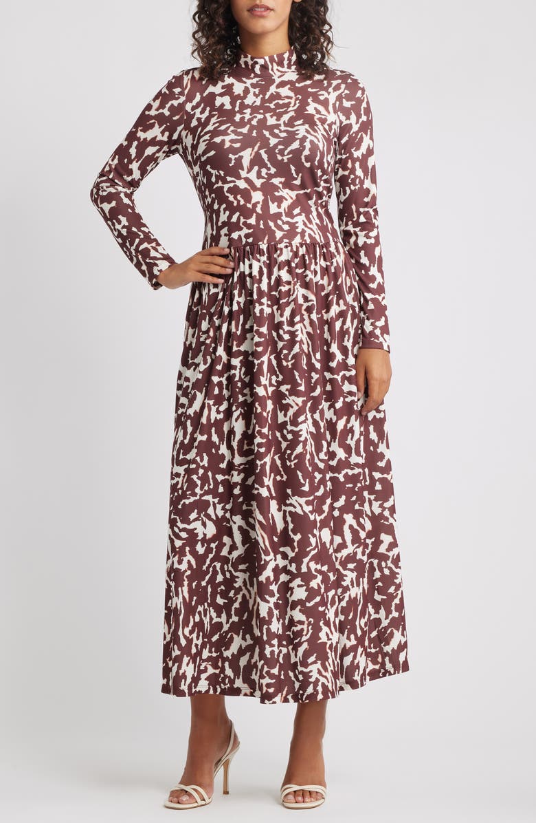 Parker Printed Mock Neck Long Sleeve Maxi Dress, Main, color, Rum Raisin