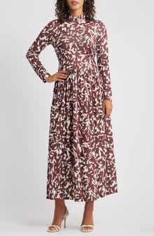 Printed Mock Neck Long Sleeve Maxi Dress