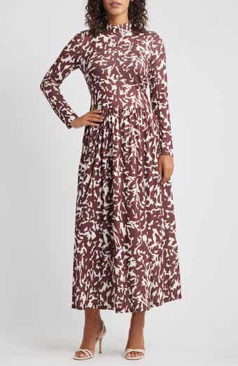 Printed Mock Neck Long Sleeve Maxi Dress