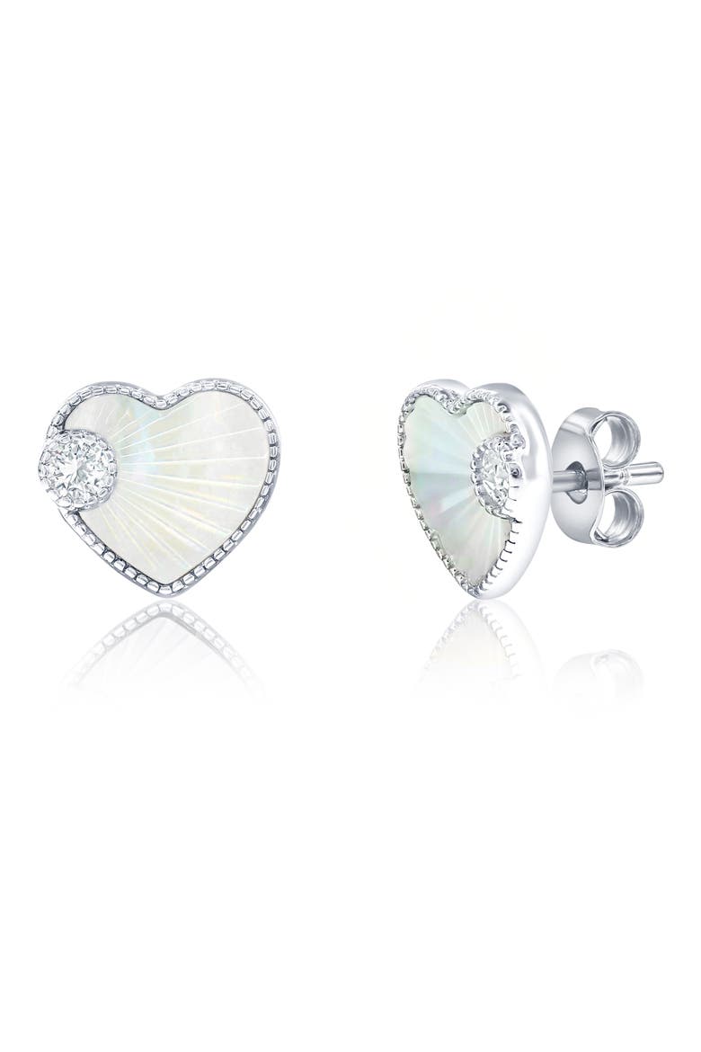 Cubic Zirconia & Mother-of-Pearl Heart Stud Earrings, Main, color, SILVER