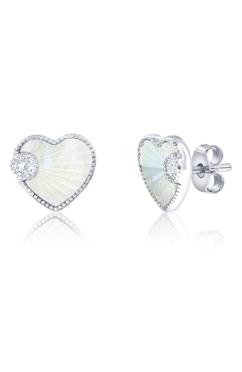 SIMONA Cubic Zirconia & Mother-of-Pearl Heart Stud Earrings, Main, color, Silver