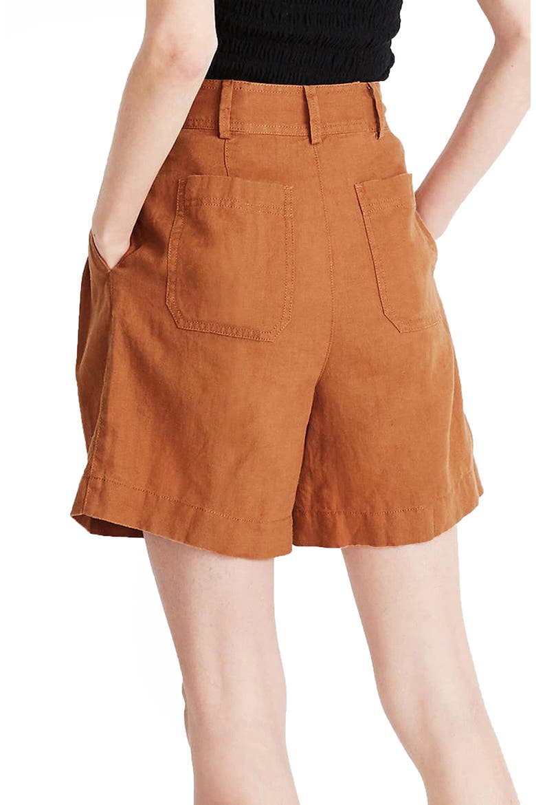 Long Pleated Linen Shorts, Alternate, color, WARM HICKORY